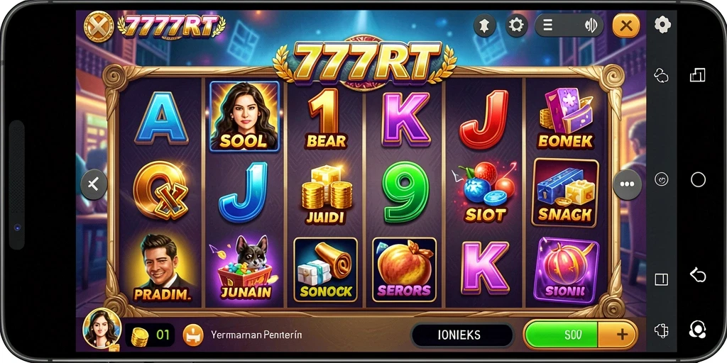 Screenshot gameplay <strong>777RT</strong> menampilkan gulungan berputar dan simbol slot yang menarik.