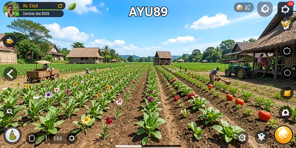Screenshot AYU89 menunjukkan aktivitas pertanian seru dan interaktif.